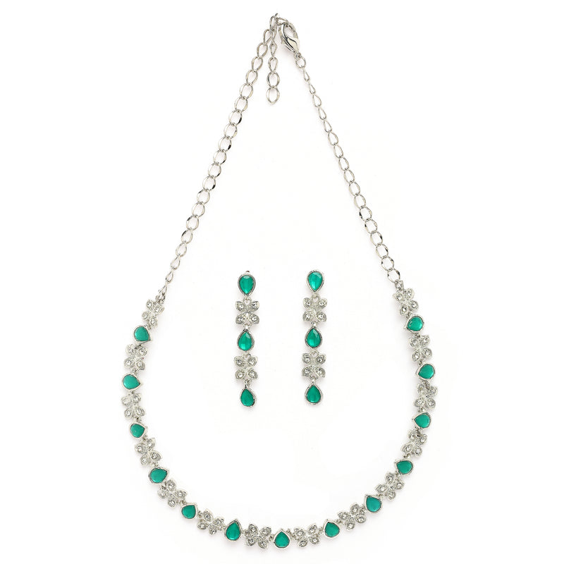 Rhodium Plated Silver Toned Butterfly Shaped Green Cubic Zirconia Studded Jewellery Set