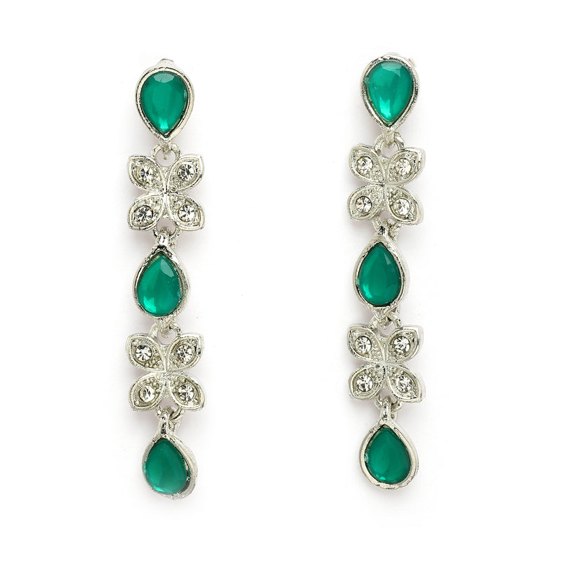 Rhodium Plated Silver Toned Butterfly Shaped Green Cubic Zirconia Studded Jewellery Set