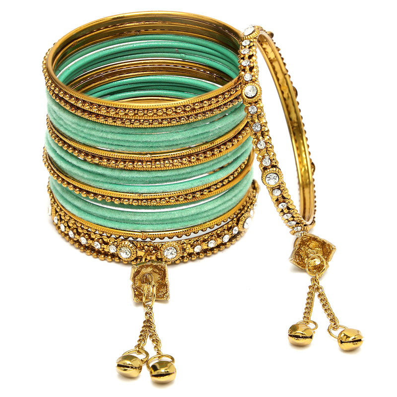 Gold-Plated Velvet Sea Green Set Of 56 Traditional Tasseled With Ghunghru Chuda Bangles