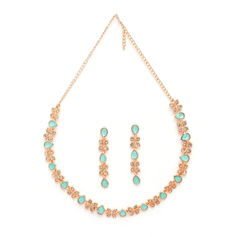 Rose Gold Plated Butterfly Shaped Blue Cubic Zirconia Studded Jewellery Set