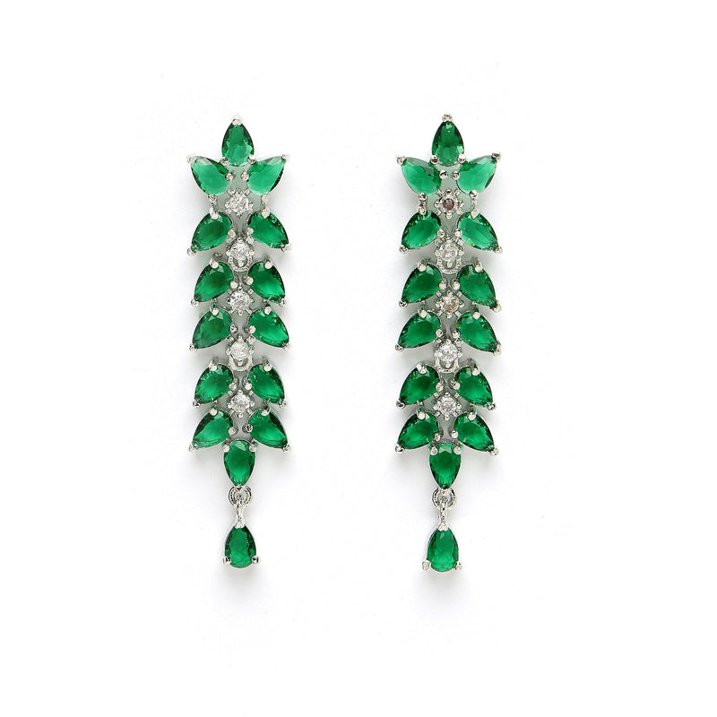 Rhodium Plated Silver Toned Green Floral American Diamond Studded Necklace With Matching Earrings