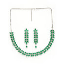 Rhodium Plated Silver Toned Green Floral American Diamond Studded Necklace With Matching Earrings