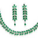 Rhodium Plated Silver Toned Green Floral American Diamond Studded Necklace With Matching Earrings