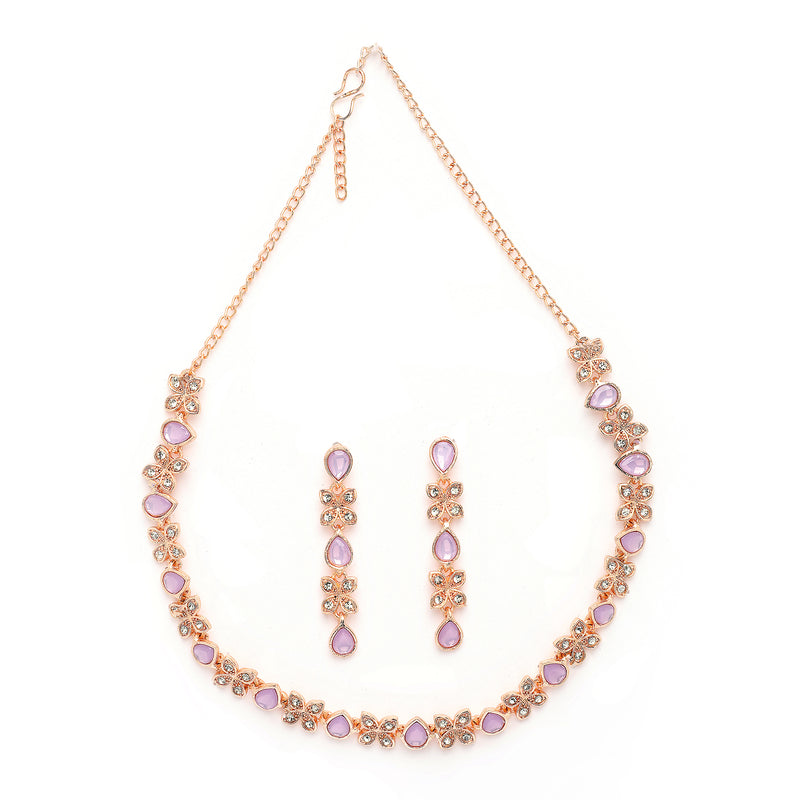 Rose Gold Plated Butterfly Shaped Lavender Cubic Zirconia Studded Jewellery Set