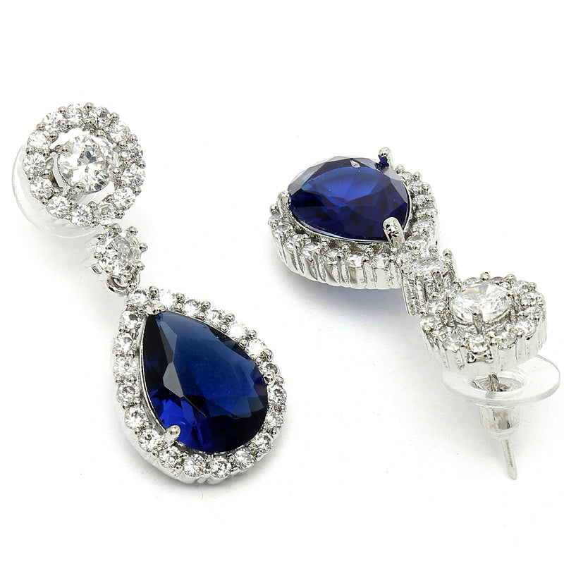 Rhodium Plated with Blue & White American Diamond Circular & Teardrop Shaped Drop Earrings