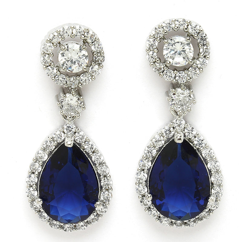 Rhodium Plated with Blue & White American Diamond Circular & Teardrop Shaped Drop Earrings