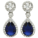 Rhodium Plated with Blue & White American Diamond Circular & Teardrop Shaped Drop Earrings
