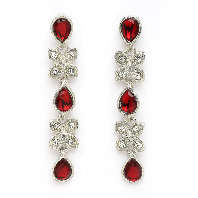 Rhodium Plated Silver Toned Butterfly Shaped Red Cubic Zirconia Studded Jewellery Set