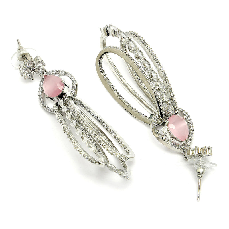 Rhodium Plated with Cluster Design Pink & White American Diamond Dangler Earrings