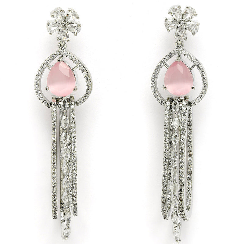 Rhodium Plated with Cluster Design Pink & White American Diamond Dangler Earrings