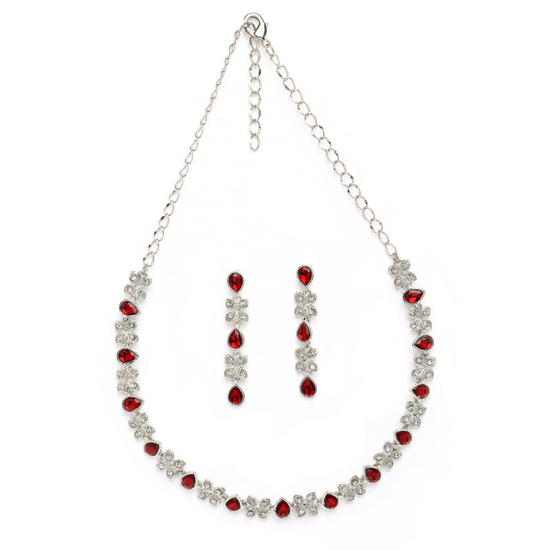 Rhodium Plated Silver Toned Butterfly Shaped Red Cubic Zirconia Studded Jewellery Set