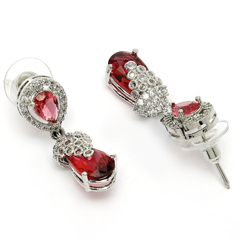 Rhodium Plated Silver Toned with Red American Diamond Small Drop Earrings