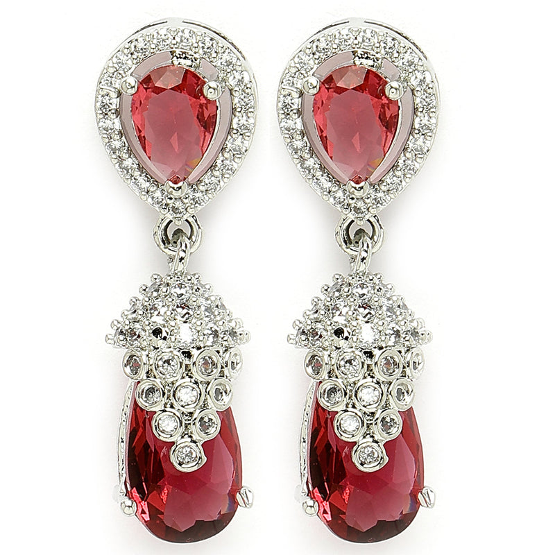 Rhodium Plated Silver Toned with Red American Diamond Small Drop Earrings