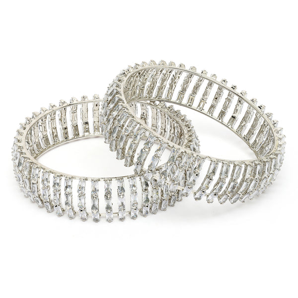 Rhodium Plated Silver Toned White Cubic Zirconia Studded Bangles Set Of 2