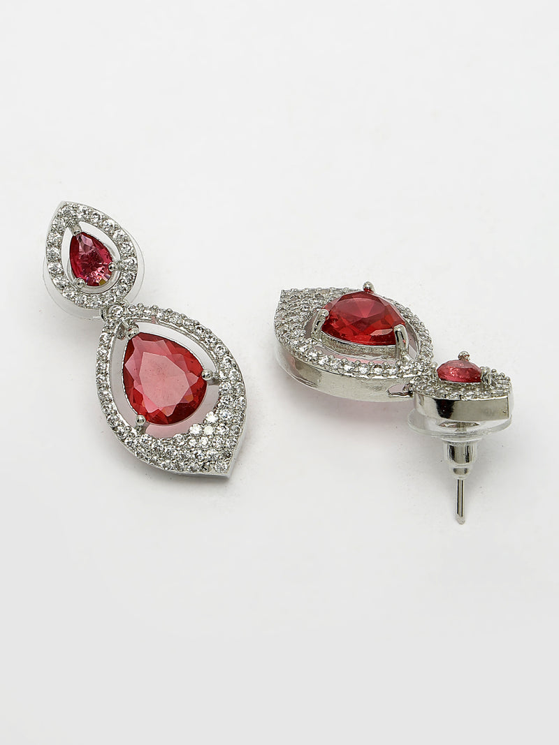 Rhodium Plated with Red American Diamond Dual Teardrop Design Drop Earrings