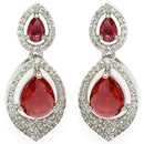 Rhodium Plated with Red American Diamond Dual Teardrop Design Drop Earrings