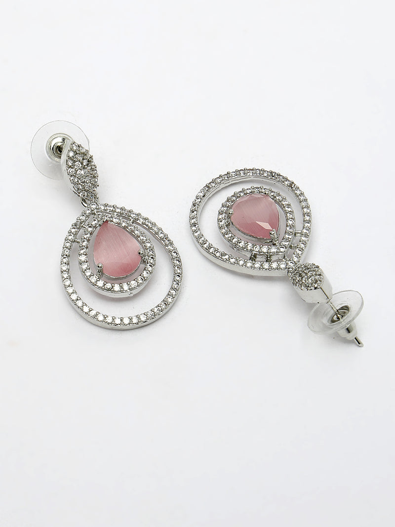 Rhodium Plated Silver Toned with Teardrop Shaped Pink & White American Diamond Drop Earrings