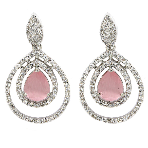 Rhodium Plated Silver Toned with Teardrop Shaped Pink & White American Diamond Drop Earrings