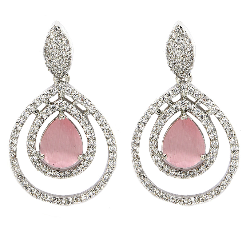 Rhodium Plated Silver Toned with Teardrop Shaped Pink & White American Diamond Drop Earrings