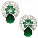 Rhodium Plated with Green & White American Diamonds Circular Shaped Stud Earrings