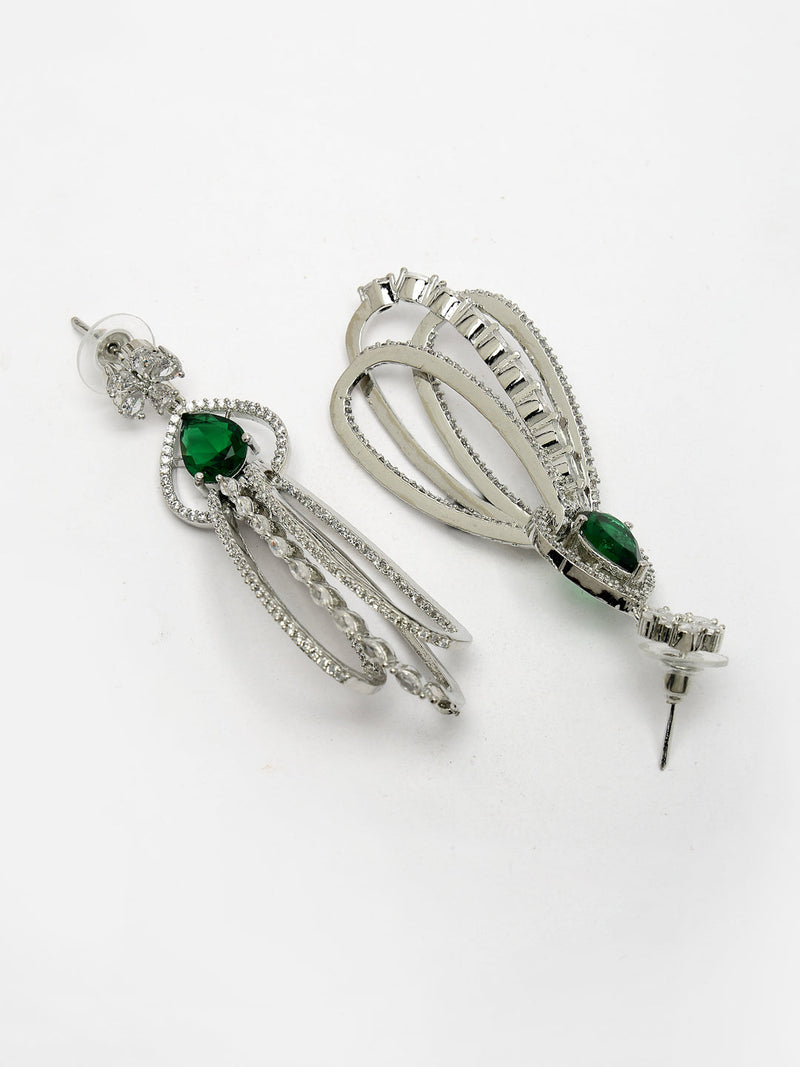 Rhodium Plated with Cluster Design Green & White American Diamond Dangler Earrings