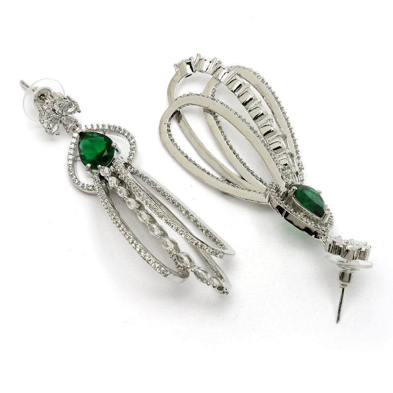 Rhodium Plated with Cluster Design Green & White American Diamond Dangler Earrings