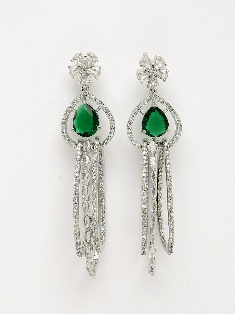 Rhodium Plated with Cluster Design Green & White American Diamond Dangler Earrings