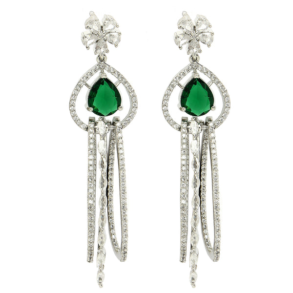 Rhodium Plated with Cluster Design Green & White American Diamond Dangler Earrings