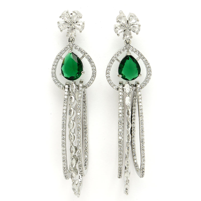 Rhodium Plated with Cluster Design Green & White American Diamond Dangler Earrings