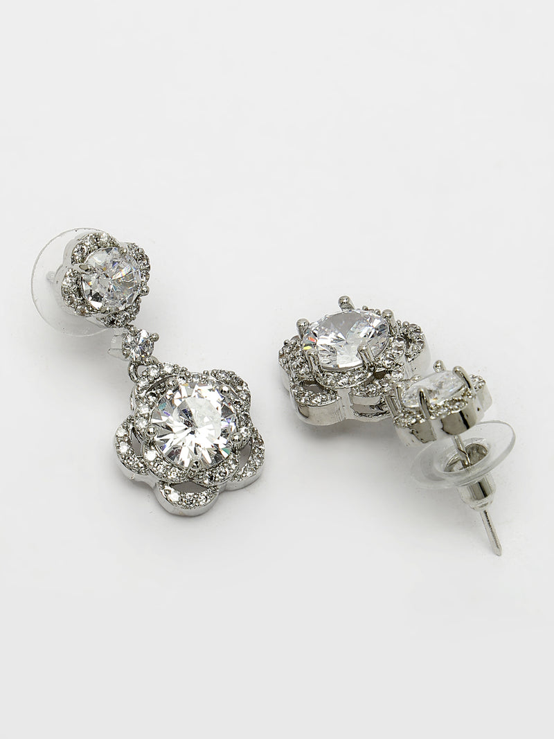 Rhodium Plated with Dual White American Diamonds Drop Earrings