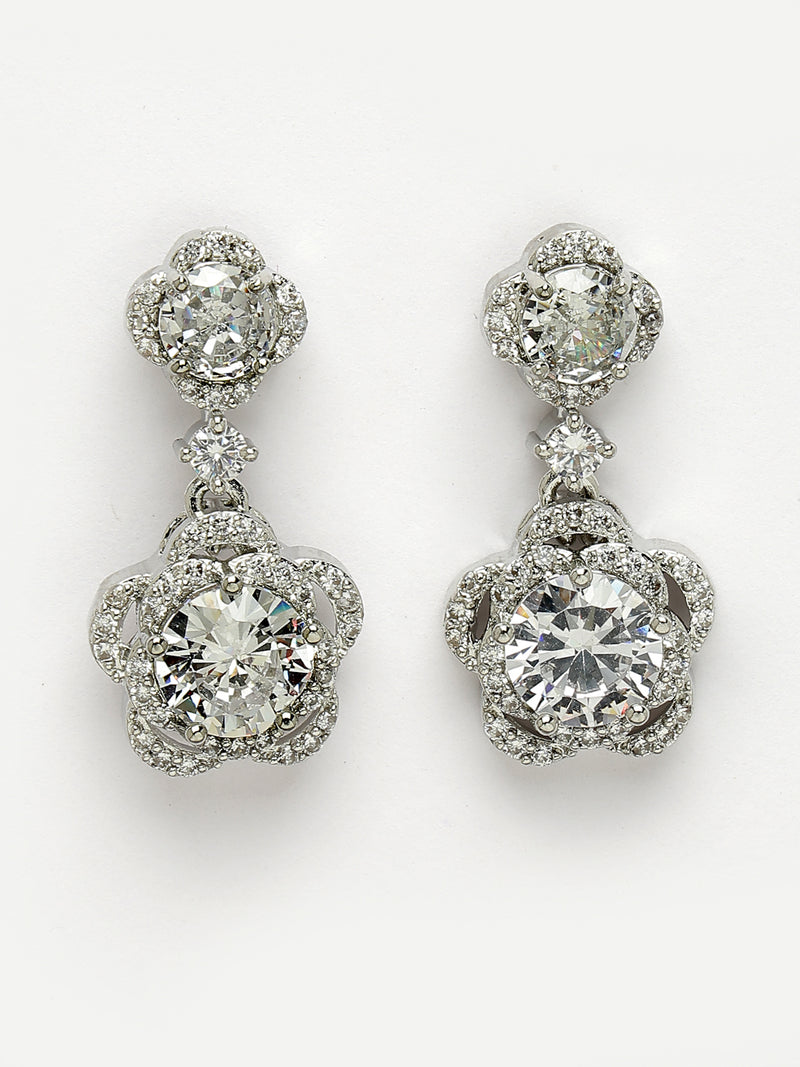 Rhodium Plated with Dual White American Diamonds Drop Earrings