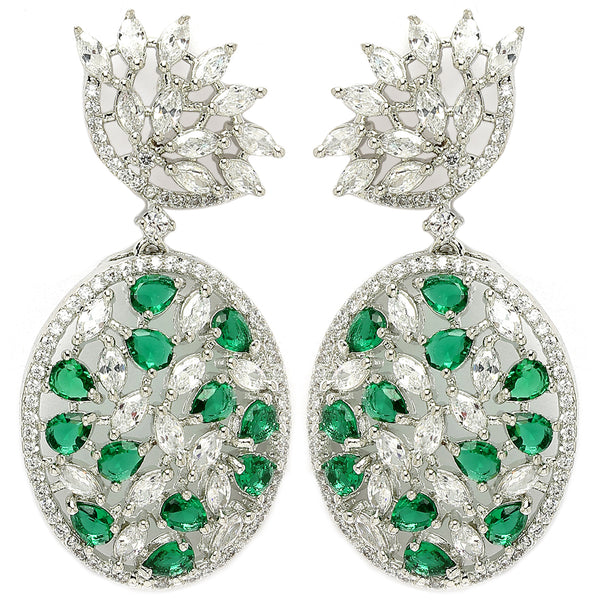 Rhodium Plated Tiny Tear Drops Green & White American diamond Small Drop Earrings