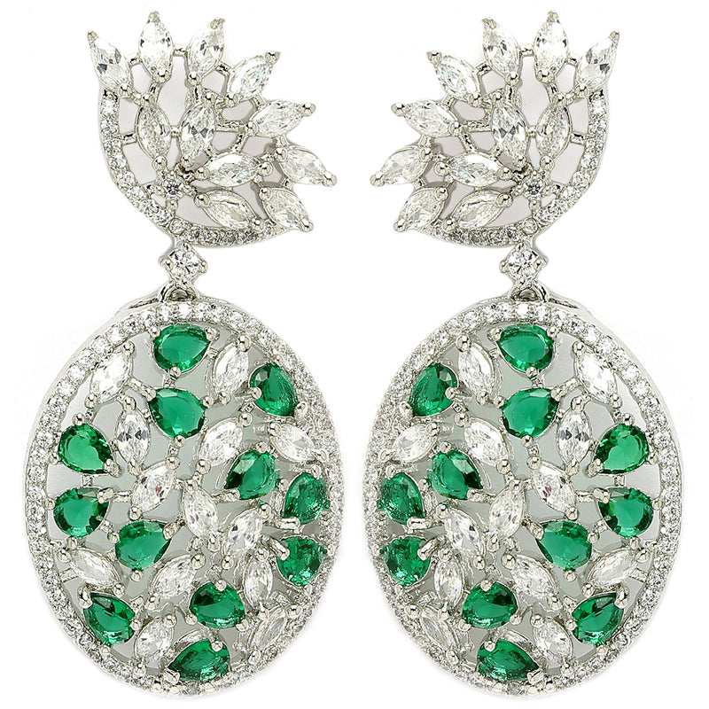 Rhodium Plated Tiny Tear Drops Green & White American diamond Small Drop Earrings