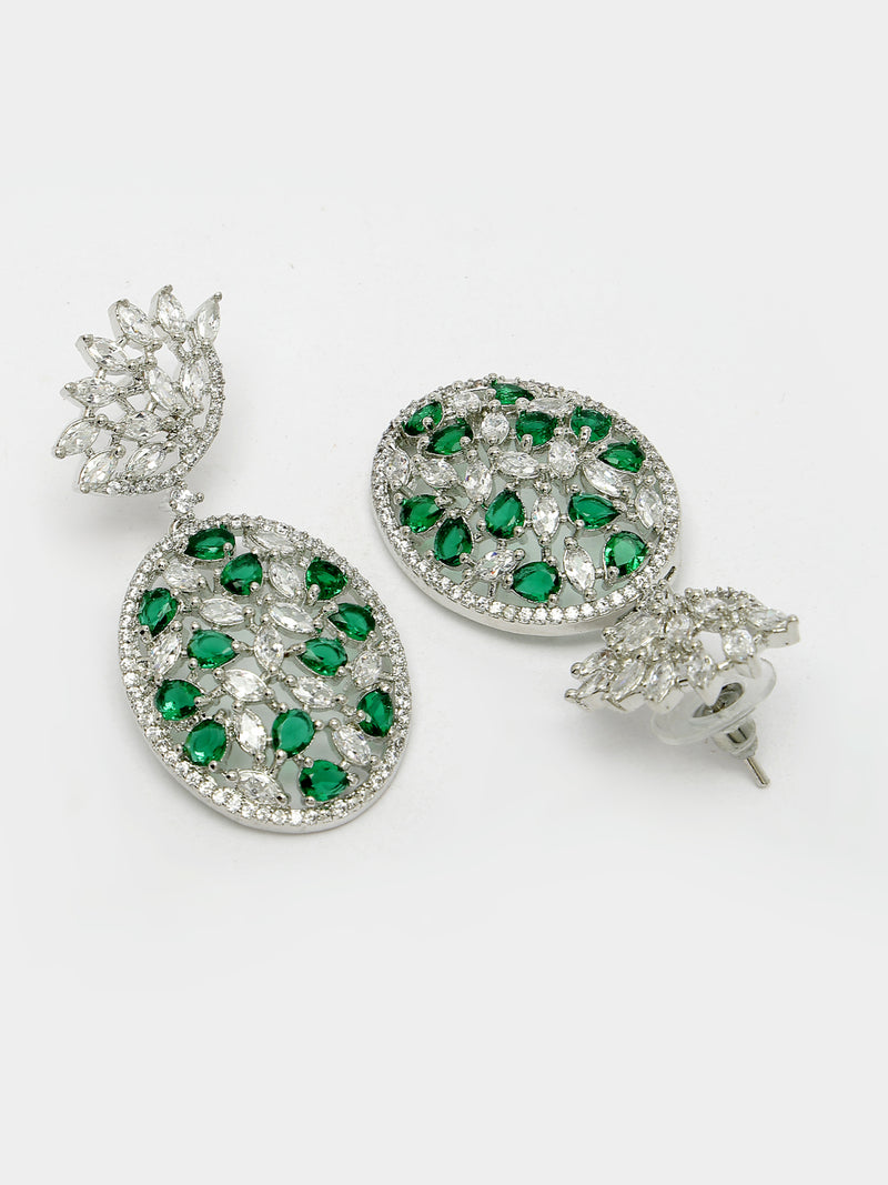 Rhodium Plated Tiny Tear Drops Green & White American diamond Small Drop Earrings