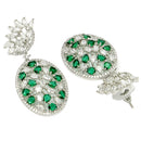 Rhodium Plated Teardrop Green American Diamond Contemporary Long Drop Earrings