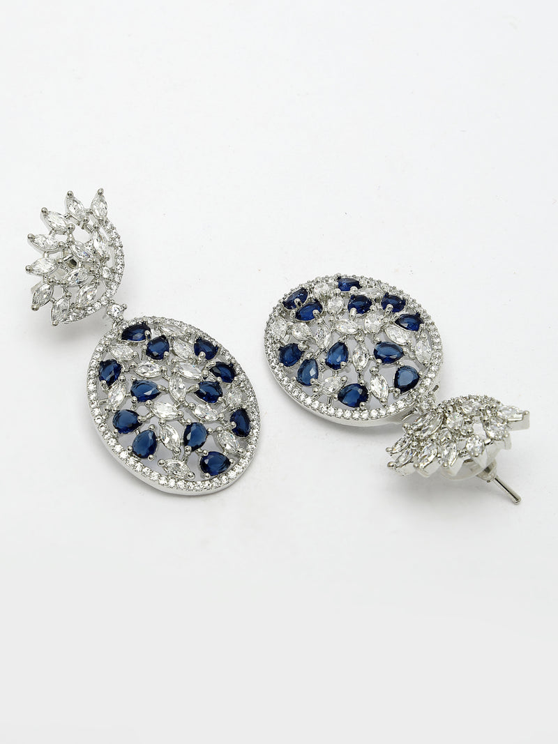 Rhodium Plated Tiny Tear Drops Blue & White American diamond Small Drop Earrings