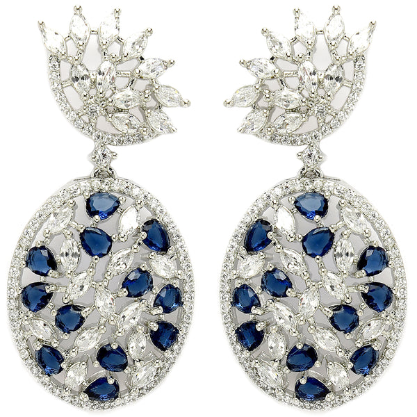 Rhodium Plated Tiny Tear Drops Blue & White American diamond Small Drop Earrings