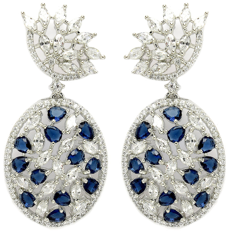 Rhodium Plated Tiny Tear Drops Blue & White American diamond Small Drop Earrings