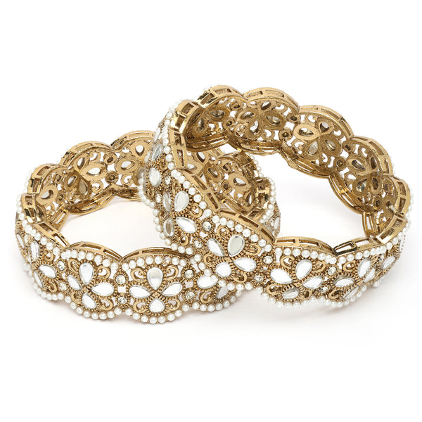 Gold Plated Floral Shaped Mirror & Pearl Studded Bangles Set Of 2