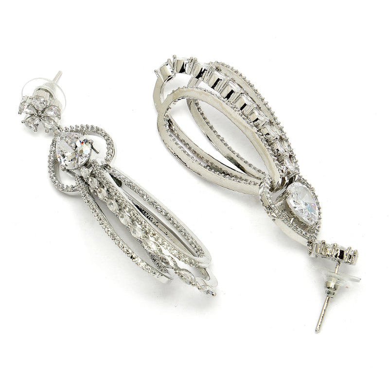 Rhodium Plated with Cluster Design White American Diamond Dangler Earrings