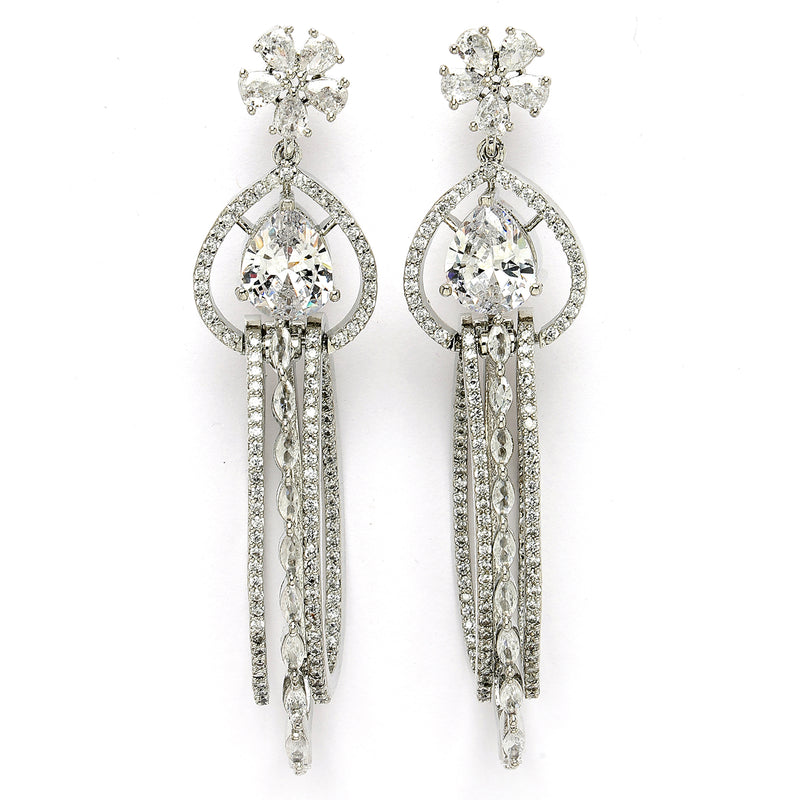 Rhodium Plated with Cluster Design White American Diamond Dangler Earrings