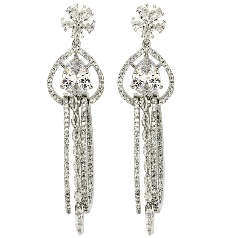 Rhodium Plated with Cluster Design White American Diamond Dangler Earrings