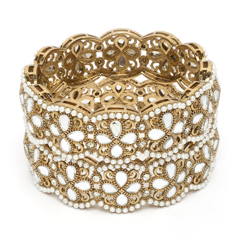 Gold Plated Floral Shaped Mirror & Pearl Studded Bangles Set Of 2