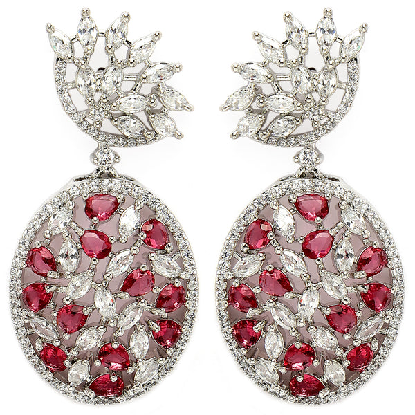 Rhodium Plated Tiny Tear Drops Red & White American diamond Small Drop Earrings