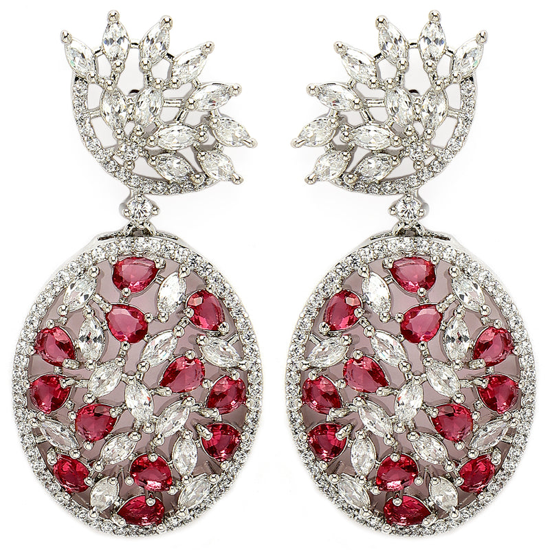 Rhodium Plated Tiny Tear Drops Red & White American diamond Small Drop Earrings