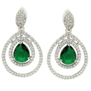 Rhodium Plated Silver Toned with Teardrop Shaped Green American Diamond Drop Earrings