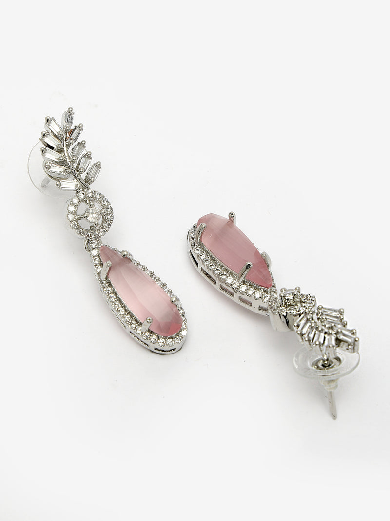 Rhodium Plated Silver Toned with Pink American Diamond Small Drop Earrings