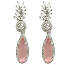 Rhodium Plated Silver Toned with Pink American Diamond Small Drop Earrings