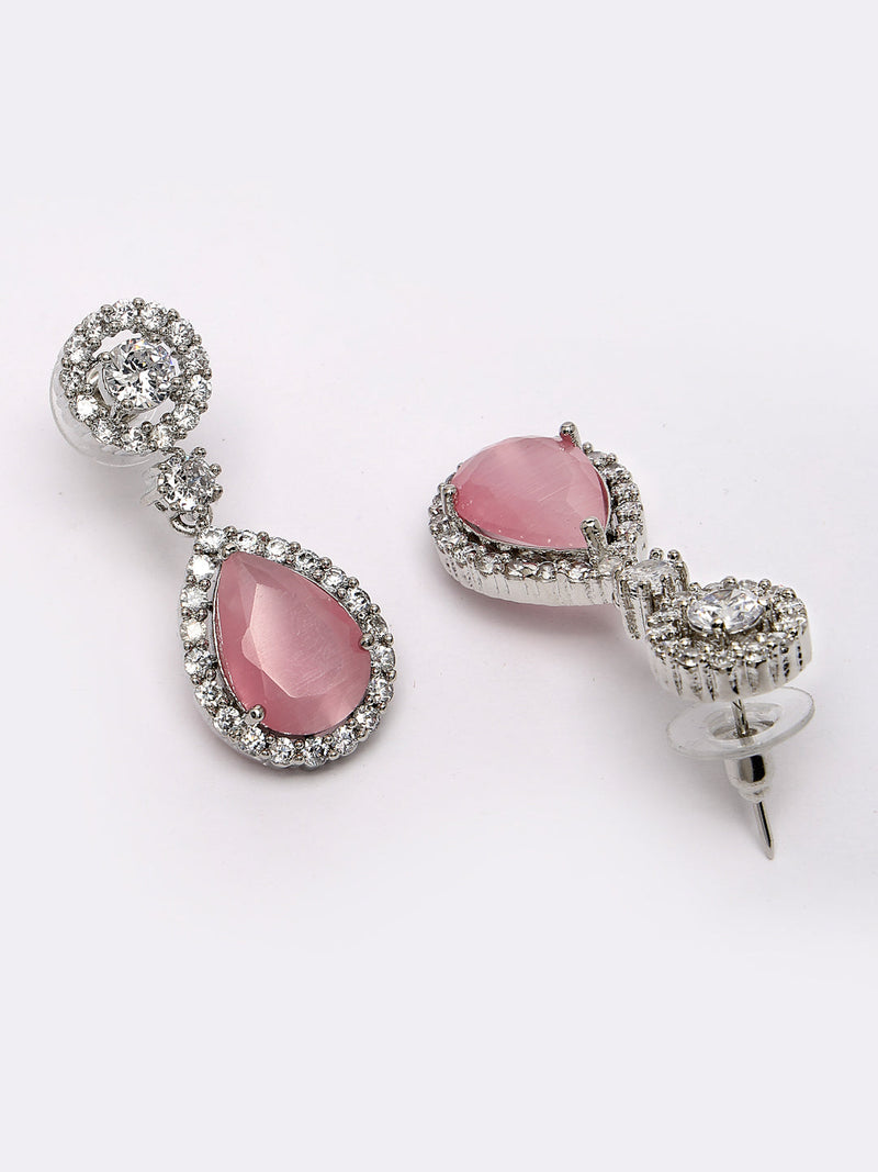 Rhodium Plated with Pink & White American Diamond Circular & Teardrop Shaped Drop Earrings