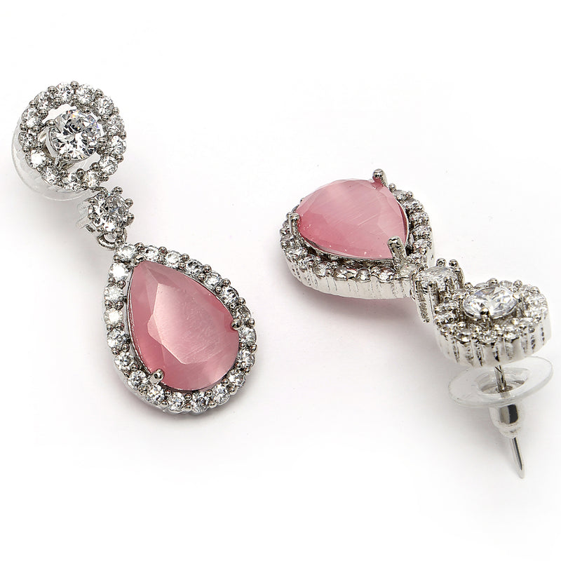 Rhodium Plated with Pink & White American Diamond Circular & Teardrop Shaped Drop Earrings